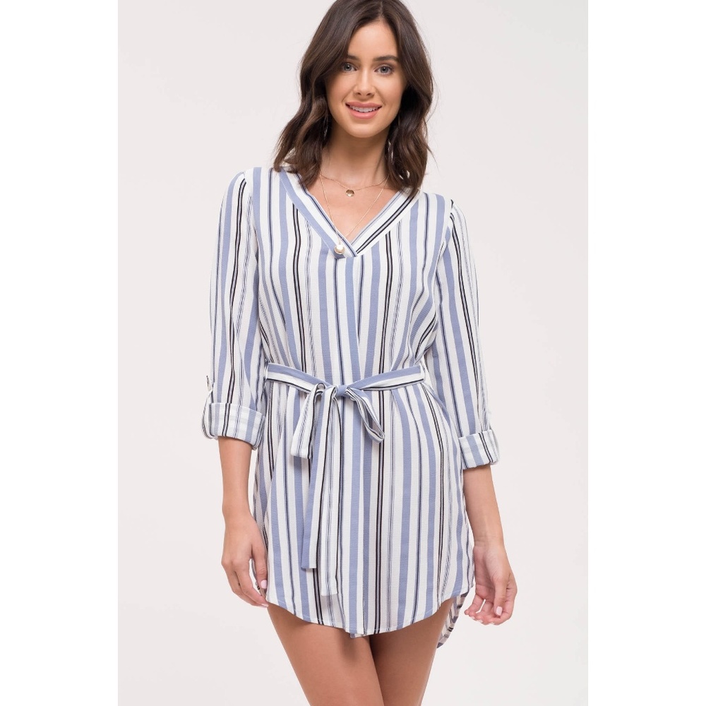Vneck Belted Dress Striped Ivory Blue - Picture 4 of 7